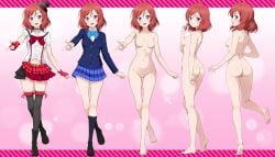 :d ass barefoot bow bowtie breasts choker commentary_request completely_nude female fingerless_gloves full_body gloves hat highres idol index_finger_raised looking_at_viewer love_live! love_live!_school_idol_project medium_hair mini_hat miniskirt multiple_views nanikairu navel nishikino_maki no_nipples no_pussy nude open_mouth otonokizaka_school_uniform paid_reward_available plaid_clothes plaid_skirt purple_eyes pussy red_bow red_bowtie red_hair school_uniform short_hair skirt small_breasts smile stomach striped_bow striped_bowtie striped_clothes