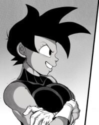 big_breasts black_bodysuit black_eyes black_hair bodysuit dark-skinned_female dark_skin detnox dragon_ball female female_focus gloves huge_breasts monochrome original pose posing saiyan saiyan_girl smile smiling solo solo_female solo_focus tufura_(detnox)