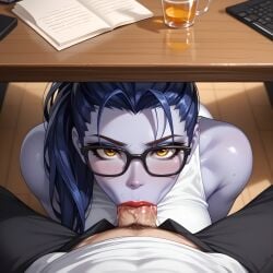 ai_generated black_glasses blizzard_entertainment blowjob blowjob_face blowjob_under_table blush blush_lines dark_hair deepthroat eogard_orc glasses looking_at_viewer office office_clothing office_lady overwatch overwatch_2 pov pov_blowjob pubic_hair purple_skin red_lipstick saliva saliva_on_penis self_upload stable_diffusion submissive_female under_the_table video_games widowmaker yellow_eyes