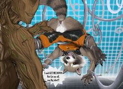 2014 2boys alien anthro anus ass backsack balls cables clothing dialogue duo english_text flora_fauna gay grin groot guardians_of_the_galaxy humanoid invalid_tag male male_only mammal marvel narse plant raccoon rocket_raccoon smile suit text wire yaoi