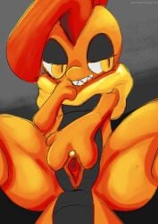 3_fingers absurd_res devina_(screamoshaymin) female fingers generation_5_pokemon genitals grin hi_res lizard nintendo pokemon pokemon_(species) pussy reptile scalie scrafty smile spread_pussy spreading thick_thighs