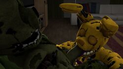 2boys animatronic azzy_azphyr_(artist) closed_eyes fellatio five_nights_at_freddy's five_nights_at_freddy's_3 fnaf gay green_body living_machine male male/male male_only open_mouth rabbit robot scottgames sex spring_bonnie_(fnaf) springtrap sucking_penis yellow_body