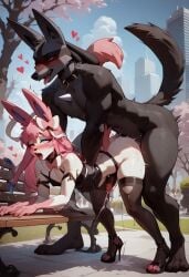 ai_generated anal ass cum cum_while_penetrated femboy furry high_heels lucario lucario_(pokemon) male_only nipples pokemon pokemonsaigo5941968 sex sylveon sylveon_(pokemon)