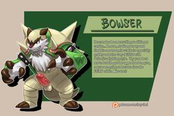 3_toes 4_fingers anthro balls biped black_eyes bowser chesnaught claws cosplay description english_text erection eyebrows feral full-length_portrait full_length fur green_background green_skin grin haychel humanoid_penis male male_only mario_(series) muscular muscular_male nintendo penis pokemon red_nose simple_background smile solo standing tan_skin teeth text toes vein veiny_penis video_games white_fur wrestling