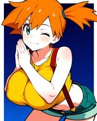 1girls ai_generated aioddity blue_eyes breasts cowboy_shot female female_only huge_breasts kasumi_(pokemon) leaning_forward looking_at_viewer midriff orange_hair own_hands_together pokemon pokemon_(anime) shirt short_hair shorts side_ponytail smile solo suspenders wink