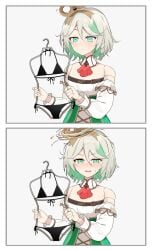 1girls 2koma bikini black_bikini cecilia_immergreen comic disgust female female_only girls_reacting_to_bikini_(meme) green_eyes holding_clothes_hanger hololive hololive_english looking_at_object looking_at_viewer meme shuuzo shuuzo3