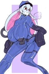 big_ass big_breasts black_gloves bunny_ears bunny_girl deflation elbow_gloves flat flattened gloves grabbing_breasts handlebars hyper inflatable latex living_inflatable nozzle permanent_smile police police_uniform pool_toy popping rubber surprised thick_thighs white_hair