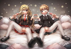 2girls aldnoah.zero black_bow black_shirt blonde_hair blush bow braid clitoris clothing cum disembodied_penis drooling eddelrittuo ejaculation emperpep eyebrows eyebrows_visible_through_hair hair_between_eyes hairbow handjob heart_hands heart_hands_duo heavy_breathing long_hair long_sleeves mashiro_rima multiple_girls multiple_penises necktie one_eye_closed pantyhose penis pillow pussy pussy_juice saliva school_uniform shirt shoes shugo_chara shugo_chara! sitting skirt spread_legs star teeth torn_pantyhose uncensored white_legwear white_pantyhose