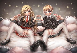 2girls after_sex aldnoah.zero black_bow black_shirt blonde_hair blush bow braid bukkake clitoris closed_mouth clothing cum cum_in_pussy cum_on_body cum_on_clothes cum_on_hair cum_on_lower_body cum_string disembodied_penis drooling eddelrittuo emperpep eyebrows eyebrows_visible_through_hair facial hair_between_eyes hairbow handjob heart_hands heart_hands_duo heavy_breathing long_hair long_sleeves looking_at_viewer mashiro_rima multiple_girls multiple_penises necktie pantyhose penis pillow pussy pussy_juice saliva school_uniform shirt shoes shugo_chara shugo_chara! sitting skirt spread_legs star teeth torn_pantyhose uncensored white_legwear white_pantyhose