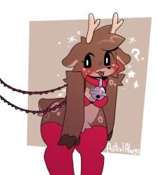 1boy ? anthro bell_collar blush blushing bra choker collar deer deer_boy deer_girl deer_humanoid feminine feminine_male furry furry_only high_thighs male male_only raindeer red_thighhighs tongue tongue_out