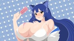 big_breasts blue_hair cat_ears catgirl hi_res ice_cream ice_cream_on_breasts large_breasts long_hair mole_under_eye moles_under_eyes pattern_background snezha virtual_youtuber vtuber white_bra yellow_eyes