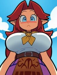 1girls belt big_breasts blue_eyes blue_sky blush blushing breasts clothed cremia elf_ears fully_clothed fully_clothed_female huge_breasts light-skinned_female light_skin long_hair long_hair_female majora's_mask malon no_visible_genitalia no_visible_nipples ocarina_of_time orange_hair purple_dress red_hair scottfalco_(artist) sleveeless_shirt small_waist the_legend_of_zelda white_sclera white_shirt white_top wide_hips