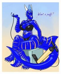 big_ass big_breasts blue_body blue_skin bra dragon dragon_girl dragon_horns furry horns inflatable inflation latex lingerie living_inflatable looking_at_viewer nozzle pool_toy pump rubber shark_tail sitting tail thick_thighs