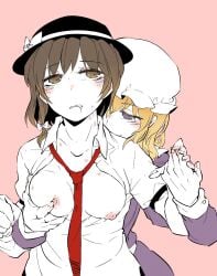 2girls bad_id bad_pixiv_id blonde_hair blush bow breasts brown_hair collarbone couple couple_(romantic) female_focus girlfriend girlfriends grabbing_another's_breast groping hairbow hat hat_bow hat_ribbon hickey holding_hands kikuichi_monji kikuichimonji lesbian_couple light_skin light_skinned_female maribel_hearn multiple_girls necktie nipples no_bra open_clothes open_shirt pale-skinned_female pale_skin pink_background purple_eyes renko_usami ribbon shirt smile sweatdrop tears touhou white_shirt yuri yuri yuri