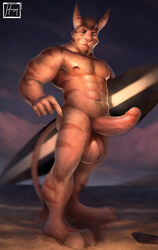 2017 2_toes abs anthro areola balls beach beard biceps big_biceps big_penis blue_eyes brown_hair brown_stripes claws cloud detailed_background erect_nipples erection facial_hair front_view hair hi_res holding_object huge_cock humanoid_penis hungrypaws karol_(character) lombax long_ears long_penis long_tail male male_only mammal muscular muscular_male nipples nude pecs penis pink_nose pink_penis pointing pose precum pubes ratchet_and_clank sand seaside signature sky smile solo standing striped_tail stripes sunset surfboard tail_tuft tan_balls tan_skin tan_tail teeth thick_penis toes tuft vein veiny_penis video_games