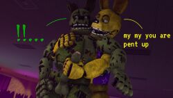 2boys animatronic azzy_azphyr_(artist) dialogue english_text erection five_nights_at_freddy's five_nights_at_freddy's_3 fnaf gay grabbing_penis green_body green_eyes imminent_sex living_machine looking_at_another male male/male male_only open_mouth penis rabbit robot scottgames spring_bonnie_(fnaf) springtrap surprised text undead yellow_body