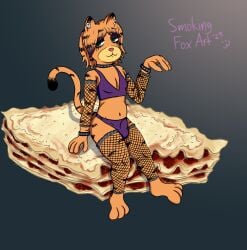 alternative_fashion anthro bulge clothed clothing detailed_bulge domestic_cat felid feline felis femboy food garfield_(series) garfield_the_cat goth hi_res lasagna male mammal pasta piercing skimpy skinny smokingfoxart solo