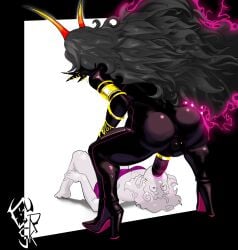 big_butt black_body black_hair cock_ring crimson_skelo deepthroat full_body futa_on_female futanari gold_jewelry high_heels high_resolution homestuck homestuck_troll horn roxy_lalonde the_condesce troll