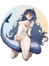 1girls areola areolae belly_button black_nails blue_hair breasts female female_only huge_breasts indie_virtual_youtuber licking_lips mako_sameshima nipple nose_blush open_mouth pussy red_eyes rings shark_girl shark_tail sharp_teeth solo tail tattoos tiredcatmom tongue tongue_out virtual_youtuber