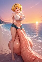 ai_generated almost_nude bikini futanari gigantic_penis houjou_satoko laughing penis_on_ground short_shorts smug