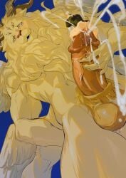 2024 4_wings 5_eyes 5_horns absurd_res animal_genitalia anthro anthro_penetrated balls blodne_hair blonde_mane blonde_pubes blue_background bodily_fluids bottomless bottomless_human bottomless_male claws clothed clothing cum cumshot delicious_in_dungeon demon duo dutch_angle ejaculation erection extreme_size_difference feathered_wings feathers felid finger_claws fur genital_fluids genitals glans green_clothing green_shirt green_topwear grey_horn hair hand_on_hip hand_on_own_hip hi_res horn human human_on_anthro human_penetrating human_penetrating_anthro humanoid_genitalia humanoid_penis hybrid_genitalia hybrid_penis interspecies laios_touden larger_anthro larger_penetrated lion long_sleeves looking_down low-angle_view macro male male/male male_anthro male_human male_penetrated male_penetrating male_penetrating_male mammal mane masturbation multi_eye multi_horn multi_wing nude nude_anthro nude_male oa_reeeere pantherine penetration penile penile_masturbation penile_penetration penis penis_in_penis penis_in_urethra pink_glans pink_nose pink_penis pubes sex sheath sheathed_humanoid_penis shirt short_hair short_sleeves simple_background size_difference smaller_human snout teeth topwear unusual_position urethral urethral_penetration white_clothing white_shirt white_topwear white_wings winged_lion_(delicious_in_dungeon) wings yellow_balls yellow_body yellow_claws yellow_fur yellow_sheath