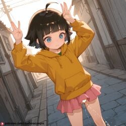 1boy ahoge ai_generated amazon_position bangs beautfiul_background black_hair blue_eyes blunt_bangs facial_mark female_child female_ejaculation flat_chest hood_down hoodie long_sleeves pink_skirt pussy pussy_cutout road short_hair skirt stunning_backgroud uzumaki_himawari whisker_markings yellow_hoodie