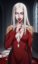 1girls ai_generated bigmic145 blood breasts carmilla_(castlevania) castlevania castlevania_(netflix) cleavage horror lips long_hair medium_breasts red_dress vampire white_hair yandere