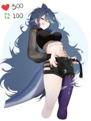 1girls belly_button black_nails blue_hair breasts female female_only indie_virtual_youtuber licking_lips like_and_retweet like_icon mako_sameshima red_eyes retweet_icon rings shark_girl shark_tail shorts solo tail tattoos tiredcatmom virtual_youtuber