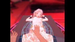 ahegao ameng black_stockings elf elf_ears elf_female furniture hand_cuffs koikatsu lying_on_back lying_on_table magic_circle mind_control restrained restrained_arms small_breasts stockings table table_restraint white_hair