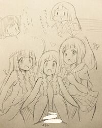 1boy 3girls human lillie_(pokemon) monochrome multiple_girls pokemon pokemon_sm satoshi_(pokemon) sex straight text translation_request triple_persona