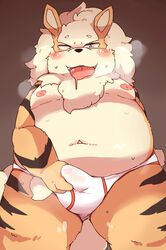 anthro anthrofied arcanine blush briefs bulge clothing erection fur hi_res male male_only mammal moobs navel nintendo nipples obese open_mouth overweight penis_outline pokemon pokemon_(species) pokemorph rantan_chan simple_background solo standing underwear video_games white_fur