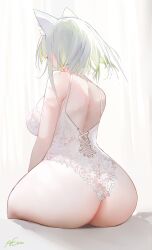 agm blush embarrassed facing_away huge_ass kal'tsit_(arknights) sitting_on_bed