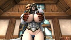 1boy 1girl 3d big_breasts breast_grab female fondling groping_breasts hemet_nesingwary hood_up jaina_proudmoore necklace older_male pubic_hair pubic_hair_peek pulled_down_top thong warcraft world_of_warcraft worried