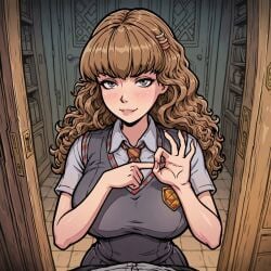 ai_generated akabur_style brown_hair curly_hair echodantalian gesture hermione_granger miniskirt penetration_gesture school school_uniform schoolgirl sex_gesture skirt story story_in_picture uniform witch_trainer