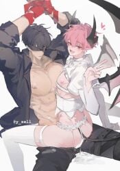 abs bamby_(plave) black_hair blindfold blush feminine_male gay gay_sex hamin_(plave) peace_sign pink_hair plave rape succubus succubus_horns succubus_tail succubus_wings tied_up white_socks