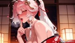 ahoge ai_generated balecxi bare_shoulders blush braid changli_(wuthering_waves) female hair_ornament large_breasts long_hair looking_at_viewer open_mouth pink_hair ponytail solo tongue tongue_out wuthering_waves yellow_eyes