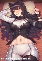 ai_generated big_ass big_breasts big_butt big_thighs black blake_belladonna blush bow huge_ass huge_butt huge_thighs long_sleeves lying medium_breasts pantyhose rwby wanuze white_shorts wide_hips yellow_eyes