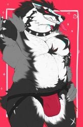 absurd_res bulge clothing digital_drawing_(artwork) digital_media_(artwork) fur generation_8_pokemon hi_res isaacyote_(artist) jockstrap male male_only nintendo obstagoon pokemon pokemon_(species) smile solo standing teeth underwear