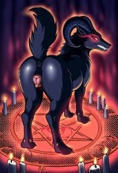 ai_generated canine_pussy cookie-girl demon demon_horns demonic fangs glowing_eyes goat_horns hellhound magic_circle red_eyes summoning summoning_circle