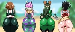 4girls alien alien_girl ashido_mina ass ass_bigger_than_head ass_chart ass_focus asui_tsuyu back_view behind behind_view big_ass big_butt big_thighs black_hair boku_no_hero_academia brown_hair fluffy froppy gigantic_ass green_hair hero hero_outfit_(mha) heroine horn horns keyaruki massive_ass mina_ashido momo_yaoyorozu my_hero_academia no_pants ochako_uraraka ochako_uraraka_(hero_outfit) pink_hair pink_skin posing posing_for_the_viewer pussy pussy_peek shiny_skin skin_tight skin_tight_outfit thighs tsuyu_asui uraraka_ochako