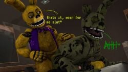 2boys 3d anal_sex animatronic azzy_azphyr_(artist) closed_eyes dialogue english_text erection five_nights_at_freddy's five_nights_at_freddy's_3 fnaf from_behind gay green_body living_machine looking_at_another male male/male male_only moaning open_mouth penetration penis rabbit robot scottgames selfcest spring_bonnie_(fnaf) springtrap springtrap_(fnaf) tagme text undead yellow_body