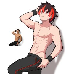 abs alxart alxdraws anime_style artist_name athletic black_hair black_pants broad_shoulders casual_pose confident defined_abs digital_art fit_male hand_in_pants hand_on_head looking_at_viewer male male_only masculine muscular oc original_character pants pose red_eyes red_hair red_stripe reference_photo shirtless short_hair simple_background smirk solo solo_male standing suggestive teasing toned_body tony_woods two_tone_hair v_taper watermark wristbands
