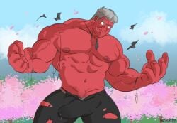 balls bara big_penis bigthortita boner bulge erection erection_under_clothes growth hulk_(series) male male_only marvel muscle_growth muscles muscular penis red_hulk ripped_clothing solo solo_male