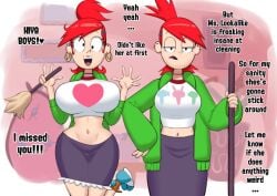 2girls big_breasts bouncing_breasts cartoon_network dialogue dual_persona foster's_home_for_imaginary_friends frankie_foster grey_impact imaginary imaginary_frankie red_hair same_character