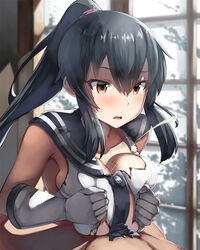 1boy armpits bare_shoulders belko blush breast_squeeze breasts buttons cleavage clothed_female_nude_male collarbone cum day elbow_gloves eyelashes female gloves hair_between_eyes highres indoors kantai_collection large_breasts lolicept long_hair lower_body lying navel nude on_back open_mouth paizuri paizuri_under_clothes ponytail school_uniform serafuku shirt sidelocks sleeveless sleeveless_shirt solo_focus sunlight torn_clothes torn_shirt tsurime upper_body very_long_hair white_gloves white_shirt window yahagi_(kantai_collection)