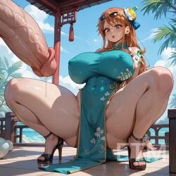 ai_generated big_butt chinese_clothes colossal_balls huge_breasts huge_cock nami_(one_piece) one_piece penis_awe