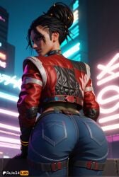 , 1girls ai_generated artist_name ass black_hair black_leotard blue_pants cd_projekt_red cropped_jacket cyberpunk cyberpunk_2077 denim from_behind gloves hair_bun hi_res jacket jeans leotard leotard_under_clothes long_sleeves looking_at_viewer looking_back neon_lights panam_palmer pants red_jacket rule34lab single_hair_bun solo thigh_strap