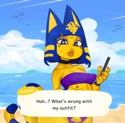 1girls animal_crossing ankha big_breasts blue_hair cat_ears choker collar dialogue english_text erect_nipples erect_nipples_under_clothes eyeliner eyeshadow feline feline_humanoid female female_only lips lipstick mahmapuu multi_nipple nipples nipples_visible_through_clothing solo solo_female solo_focus text text_bubble yellow_skin