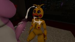 3d beak blue_eyes breasts chicken cum cum_in_mouth cum_on_breasts cumshot female five_nights_at_freddy's five_nights_at_freddy's_2 fox frezzfoxnsfw futanari looking_pleasured looking_up mangle_(fnaf) nipples penis purple_eyelids rosy_cheeks sfm source_filmmaker toy_chica_(fnaf) white_body yellow_body