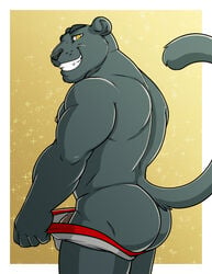 2017 anthro ass black_fur clamcrusher clothed clothing feline fur grin looking_at_viewer male male_only mammal muscular muscular_male panther partially_clothed penis simple_background smile topless underwear underwear_pull yellow_eyes